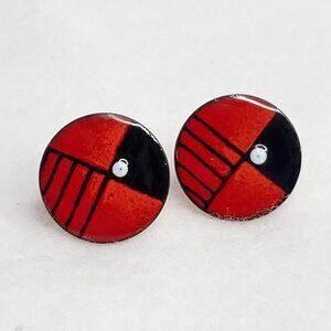Vintage Enamel Cufflinks Red Black Art Deco Geometric Round
